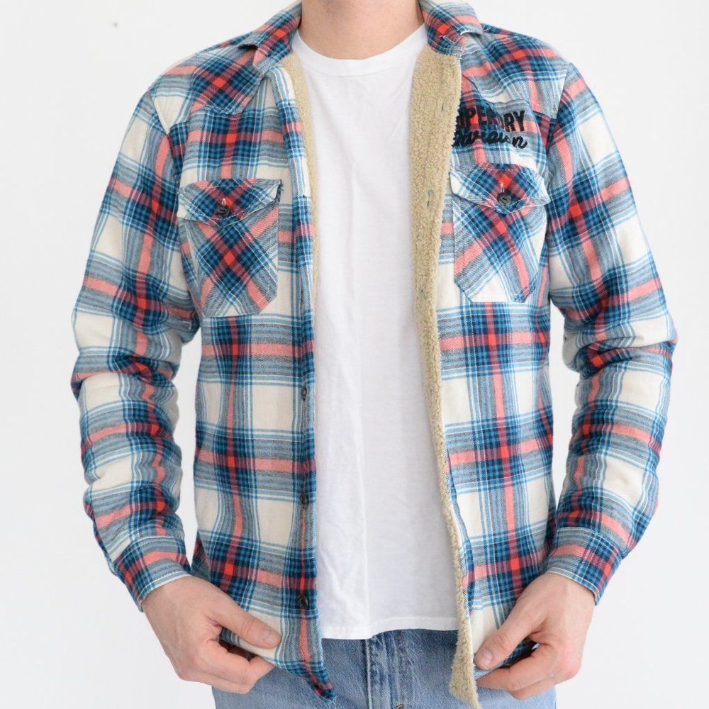 Superdry "The Rookie" Cream/ Blue/Red Checkered Button Down Shirt Shacket ~Med